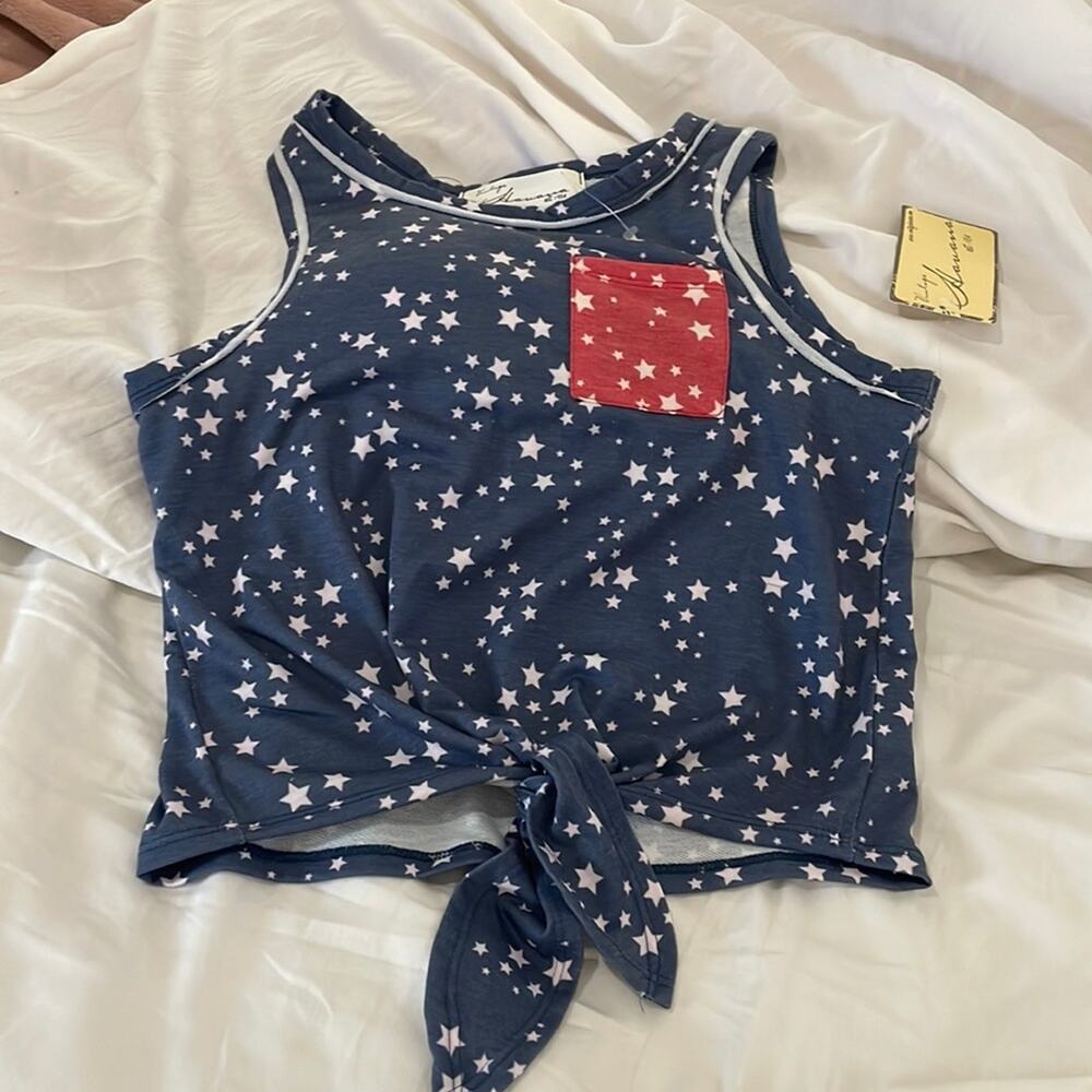 Vintage Havanna S washed blue white stars knotted front red pocket patriot t nwt